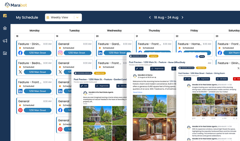 Marabot content calendar showing automated social media posts scheduled across Facebook, Instagram, LinkedIn, X, Pinterest, and Google for multiple real estate listings with detailed post preview and property photos