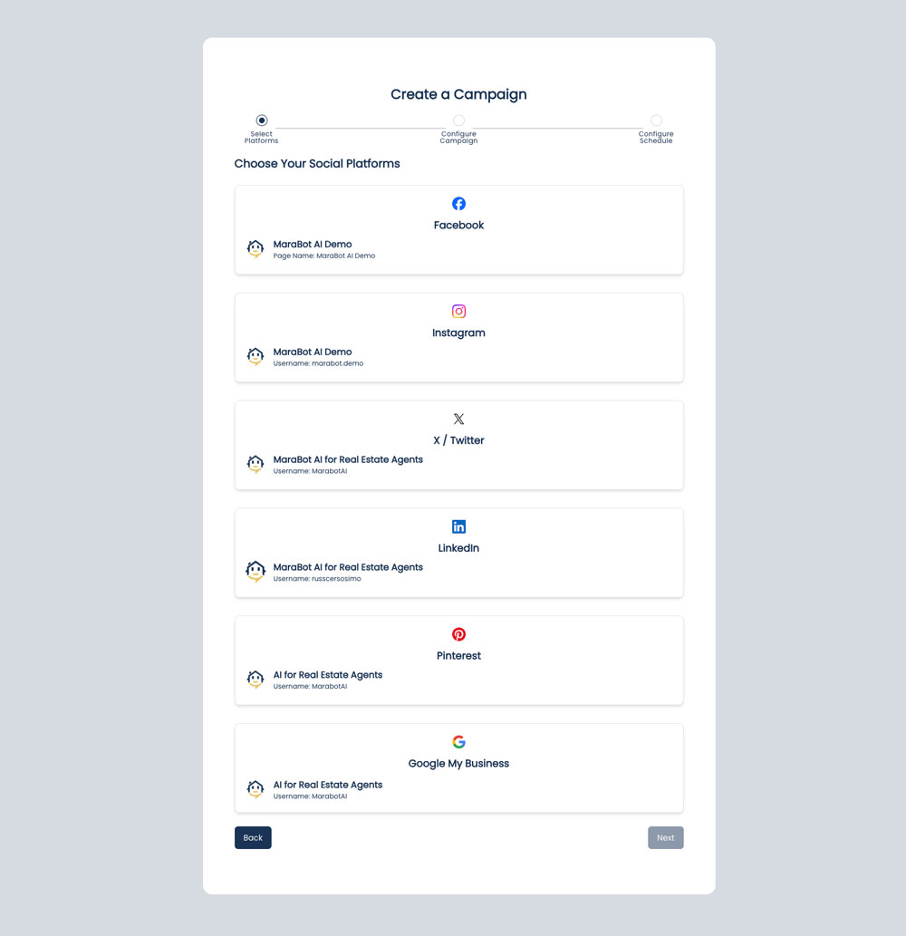 Marabot campaign creation interface showing social platform selection