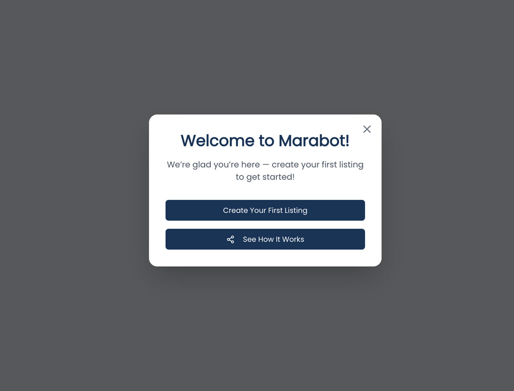 Marabot welcome screen showing first-time user onboarding